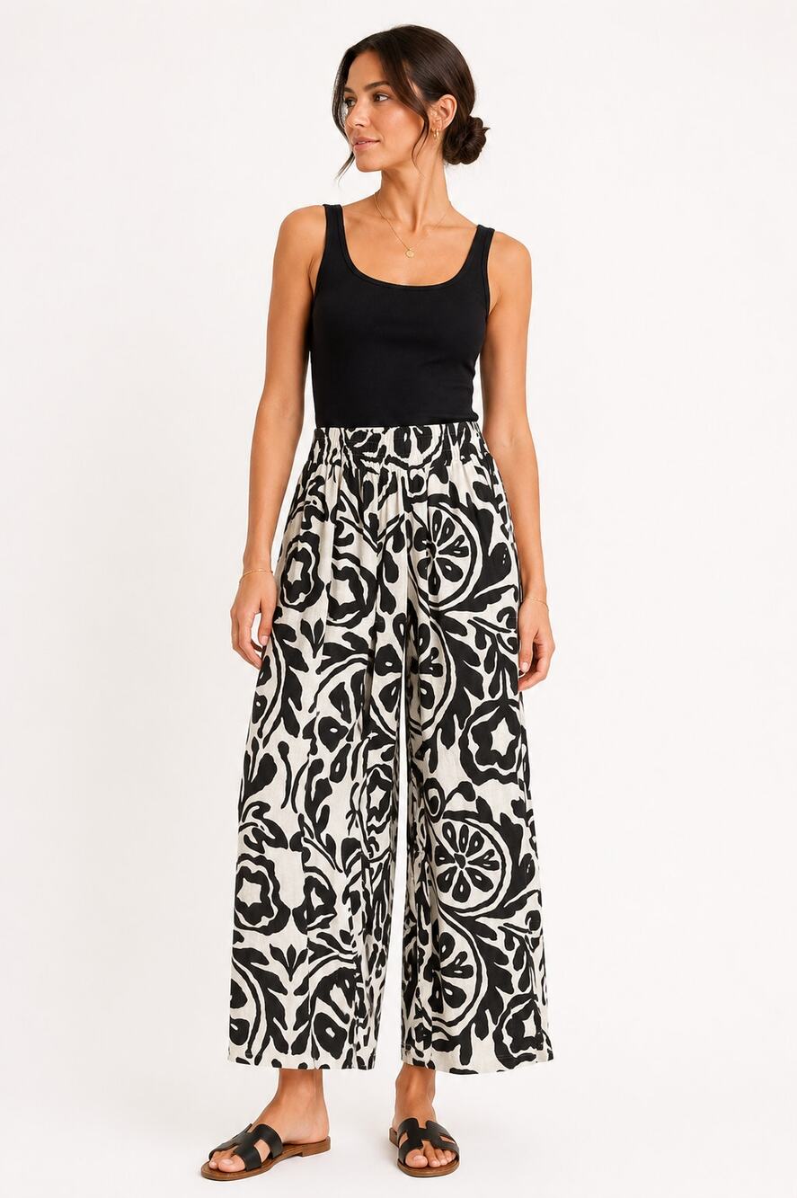 Christian Siriano Linen Blend Wide Leg Crop Pants Black Cream Floral S